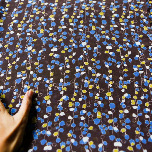 Floral Blue Yellow Brown Semi Sheer Printed Chiffon Fabric 2.5 yards
